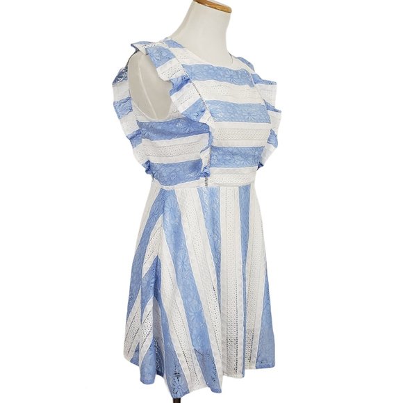 J.O.A. Ruffle Sleeve Lace Back Stripe Lace Dress M - Picture 4 of 11
